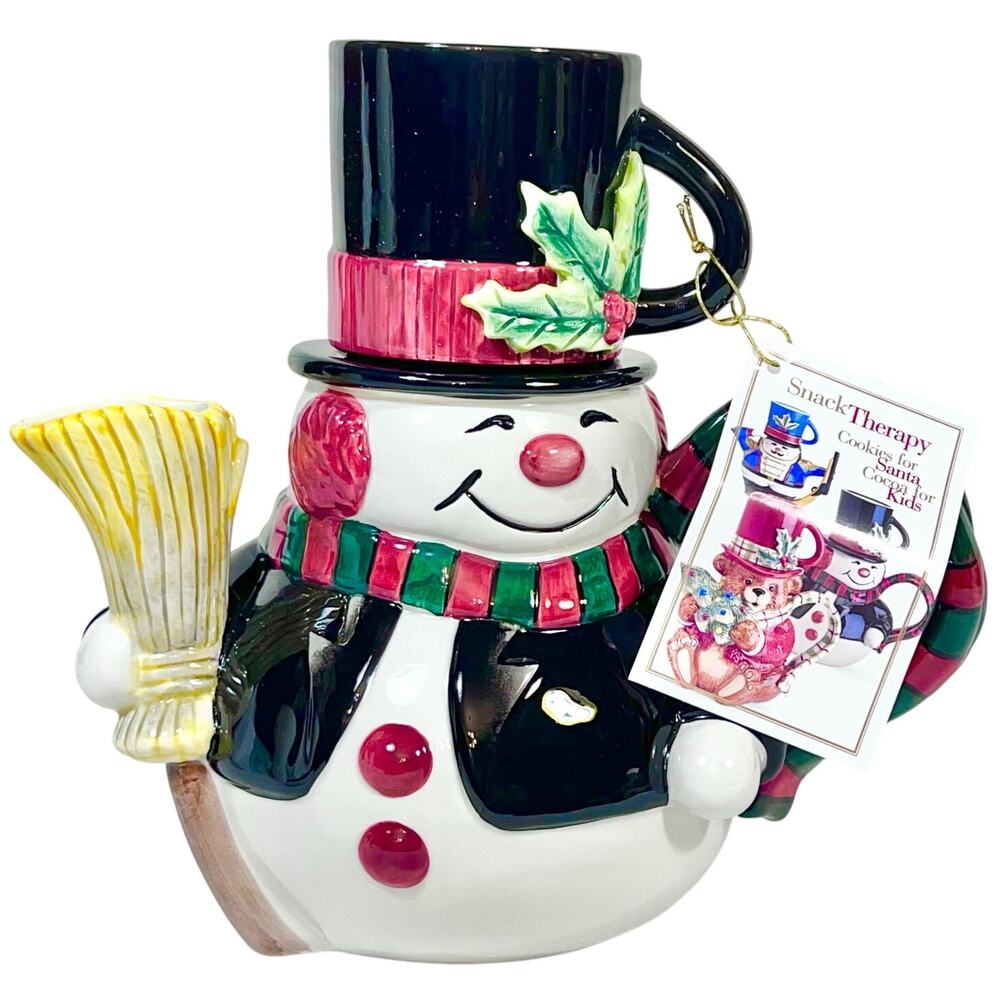 Fitz and Floyd Snowman Cocoa Pot and Cup Snack Therapy Cocoa Tea Set For One New